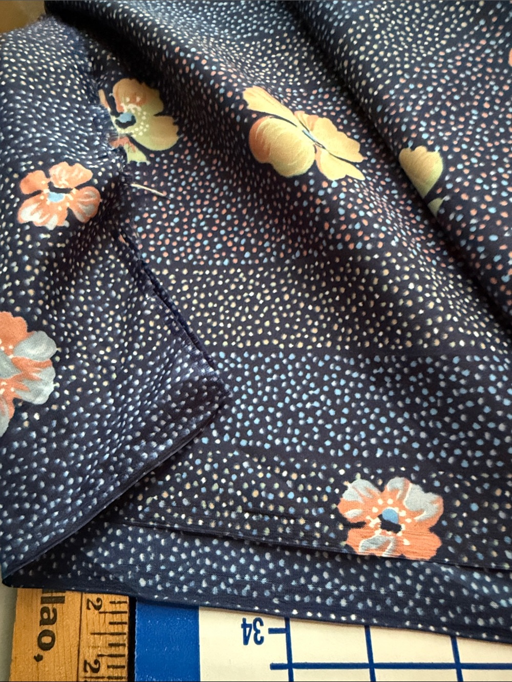 Vintage 1980s Floral Dot Stripe Fabric Navy Peach Blue 5 Yards x 44” Apparel - Picture 8 of 11